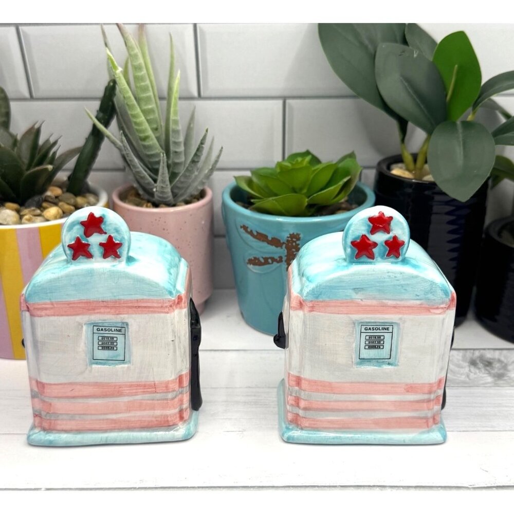 Retro Gas Pump Ceramic Salt & Pepper Shaker Set By Oggi With Pink & Aqua Design